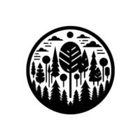 Black White Circular Forest Featuring Varied Trees, Sun, Clouds, and Abstract Minimalist Style vector