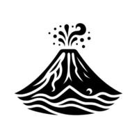 Stylized black and white illustration of an erupting volcano with dynamic lava streams, surrounded by spewing ash and a layered landscape base. vector