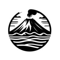 Black and White Circular Depicting a Volcanic Mountain Erupting Above Ocean Waves, Set in a Stylized Landscape. vector