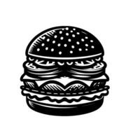 Bold Black and White Illustration of a Stacked Hamburger with a Bun Dotted with Sesame Seeds, Presented on a Simple White Background. vector