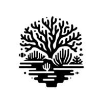 A monochromatic, stylized illustration of a treelike coral formation within a circular frame, depicting marine life and flora. vector