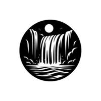 Serene, Stylized Waterfall Scene Within a Black Circular Frame Featuring Birds and a Moon, Monochrome Minimalist Art. vector