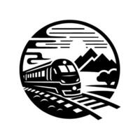 illustration of a highspeed train traveling through a scenic landscape of mountains and trees, framed within a circle. vector