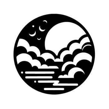 Abstract YinYangInspired Celestial Scene Crescent Moons, Bright Orb, and Layered Clouds in a Circular, Minimalist Composition. vector