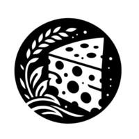 A minimalist, highcontrast black and white featuring a cheese wedge with holes, surrounded by wheat and plants, all within a black circle. vector
