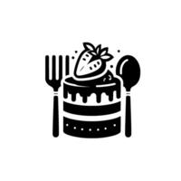 Minimalist Black and White Cake Featuring a Strawberry, Fork, and Spoon with a Modern, Sweet Aesthetic. vector