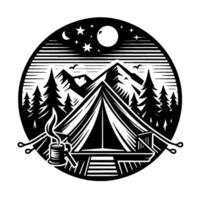 Black and white illustration of a campsite under a starry night sky, featuring a tent, mountains, trees, and a campfire. vector