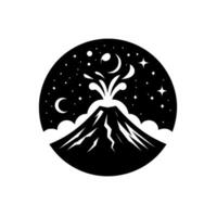 Black and White Silhouette of Erupting Volcano Under a Night Sky with Moon, Clouds, and Stars, within a circular frame. vector