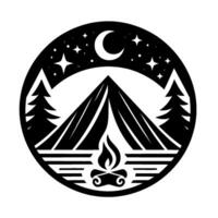 Circular Black White Emblem of Campsite at Night Tent, Bonfire, Trees, Crescent Moon, and Stars. vector