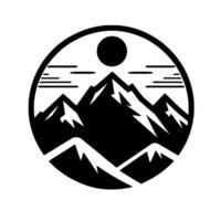 A minimalist black and white circular emblem of jagged mountain peaks under a sun, with stylized clouds, invoking a sense of tranquility. vector