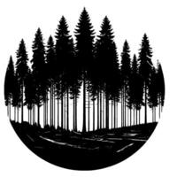 Silhouetted Evergreen Forest within a Circle, Featuring Fallen Logs on the Ground, a Study in Black and White Contrast. vector