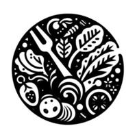 Monochrome Circular Illustration of a Fork, Various Leafy Greens, Fruit, and Vegetables in a Modern, Minimalist Style. vector