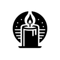 Black and white stylized of a candle with a prominent flame, set within a textured circle, evoking warmth and illumination. vector