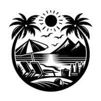 Black and White Beach Scene Palm Trees Frame a Seaside View of Mountains, Sun, Umbrella, Lounge Chairs, and Beverages. vector