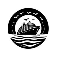 Illustration of a Cruise Ship Sailing on Wavy Waters with Flying Birds Enclosed within a Circle vector