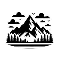 A bold black and white of a mountain range with evergreen trees, clouds, birds, and a lake, conveying a sense of natures grandeur and serenity. vector