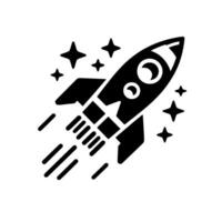 Black and White Rocket Ship Silhouetted Against a White Background with Stars, Representing Space Exploration and Flight. vector