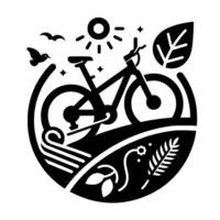 Black White EcoFriendly Bicycle Silhouette of a bike with natural elements including sun, birds, leaf, and flora, within a circular frame. vector