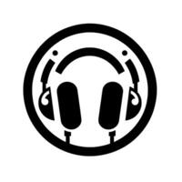 Simple black and white headphone within a circular frame, showcasing minimalist audio equipment on a white background. vector