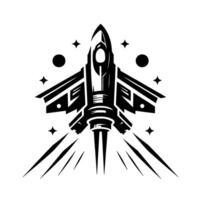 Stylized Black and White Jet , with Geometric Elements, Jets of Light and Starlight Embellishments on White Background. vector