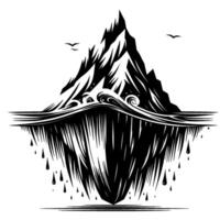 Black and White Illustration of an Iceberg with Waves, Birds, and Dripping Melts, Symbolizing Climate Change. vector