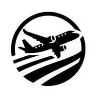 of a jet airplane in a black and white circle, ascending over parallel lines, symbolizing flight and travel. vector