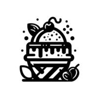 Stylized black and white illustration of an ice cream sundae with cherry, leaf, and drizzled sauce in a waffle cup. vector