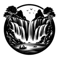 Black and white circle illustration of a majestic waterfall cascading into a tranquil river, with a boat, trees, and mountains under a birdfilled sky. vector