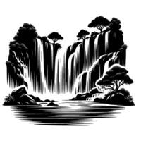 Black and white linework illustration of a cascading waterfall and tiered landscape, lush foliage, reflecting pool, and a serene, tranquil scene. vector