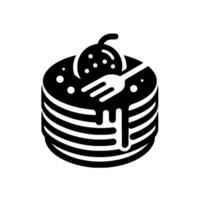 Black and white of a stack of pancakes topped with a stylized fruit and a fork, dripping with sauce. vector