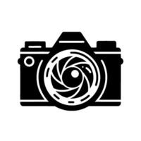 style monochrome illustration featuring a stylized camera with a detailed aperture lens, in . vector