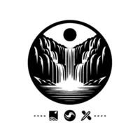 A stylized, minimalist circular illustration featuring a waterfall cascading into a body of water, framed by rock formations and a sun, with decorative icons below. vector