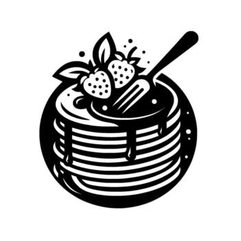 Black and white minimalist illustration of a stack of pancakes with strawberries, chocolate syrup, and a fork, inside of a circle on a white background. vector