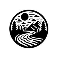 Black and White Circular Illustration of a Mountainous Landscape with a River, Trees, Sun, and Clouds. vector