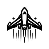 Minimalist Black and White Space Shuttle Emblem, Illustration with Ascending Thrust Lines and Star Accents, Isolated on White. vector