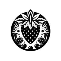 Intricate black and white circular featuring stylized strawberry, leaves, berries, and delicate details, reminiscent of papercut art. vector