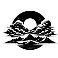 Symbolic Black and White Mountainscape Featuring Dramatic Clouds, Sunlight, Birds, and Geometric Circle . vector