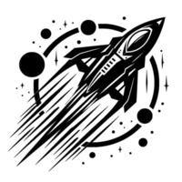 A stylized, monochromatic illustration of a spaceship blasting off through an abstract space with planets, stars, and circular orbits. vector