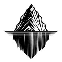 Black and white illustration of a mountain, with its reflection, showing the hidden mass below the water line. vector