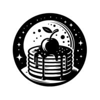 Black and white illustrated pancake stack with a cherry on top, drizzled with syrup, encircled by a stylized starry night background. vector