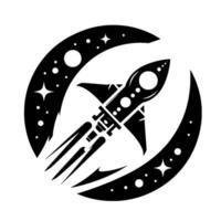 Bold Black and White Rocket Soaring Through a Starry Crescent Frame, Evoking Space Exploration, Futurism, and Innovation. vector
