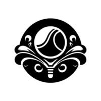 Ornate Black and White Emblem A Circular with Wavelike Forms Enclosed in a Border of Elegant, Curvilinear Elements. vector