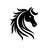 Black and white stylized horse head with flowing mane, clean lines, and minimalist , against a white background. vector