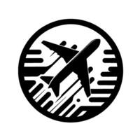 Stylized Black and White Airplane Silhouette Inside a Circular Frame Representing Flight, Travel, and Transportation Symbol. vector