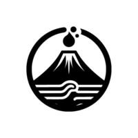 Simplified monochrome featuring a stylized mountain, water droplets, and wavy lines, enclosed within a circular frame. vector