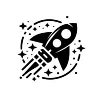 Stylized Black and White Rocket Ship with Starry Trail, within a Circular Frame on White Background, for Space Exploration Concepts. vector