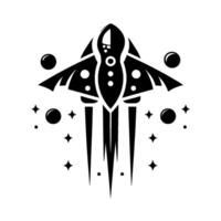 Elegant Black and White Abstract Spacecraft with Stylized Starfield Elements and Geometric Rocket Jets vector