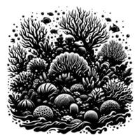Black and white illustration of vibrant coral reef ecosystem with diverse flora, fauna, and marine life, creating a dynamic underwater scene. vector