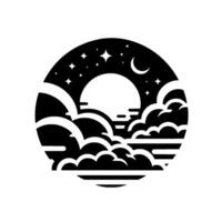 Black and white minimalist circular landscape , a night sky filled with stars and a crescent moon, framed by clouds and a stylized sun. vector