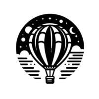 Black and White Silhouette A hot air balloon floats in a starlit night sky, enclosed in a circular frame with clouds below. vector